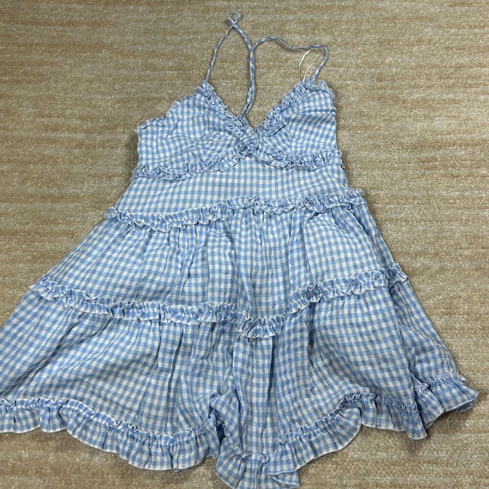 Mable Dress Womens M Blue Cute Gingham Ruffle Tiered Spaghetti Strap Sundress